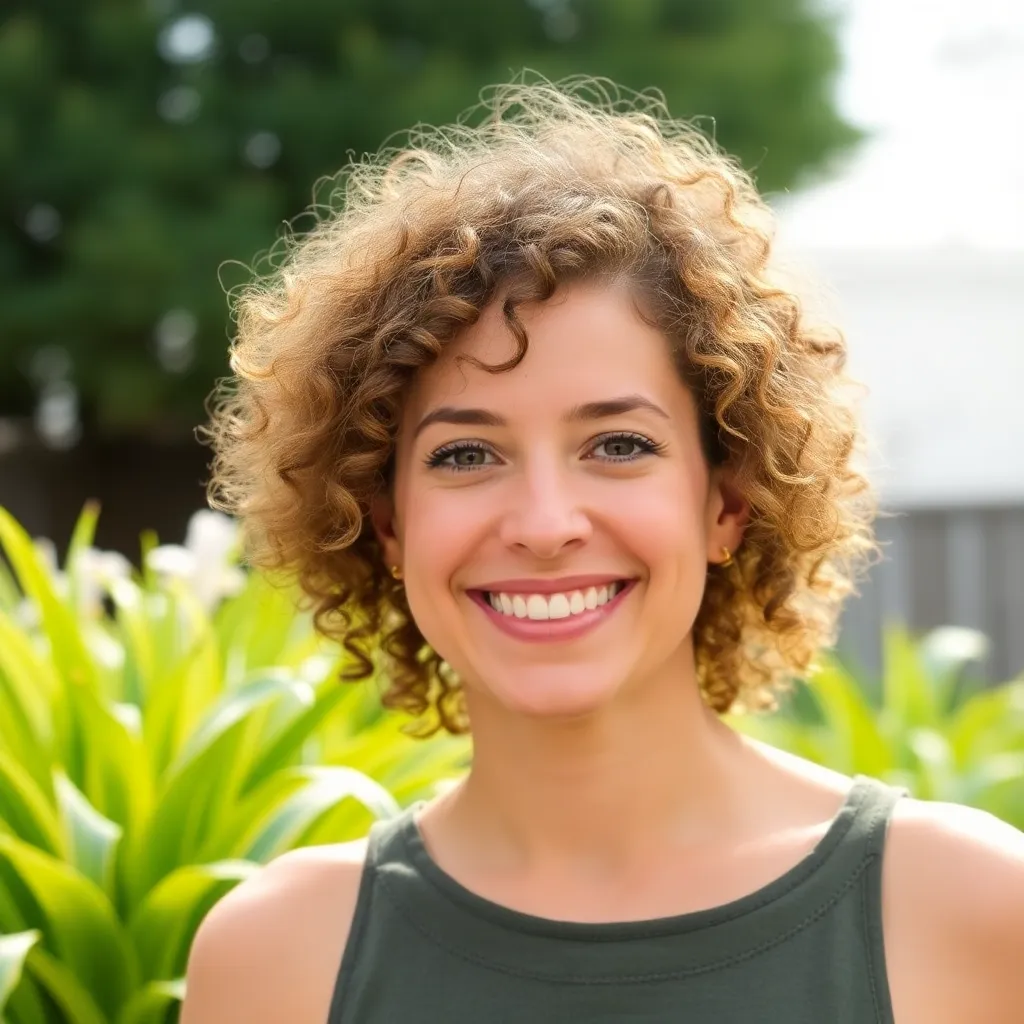 Smiling woman with curly hair and plants in background