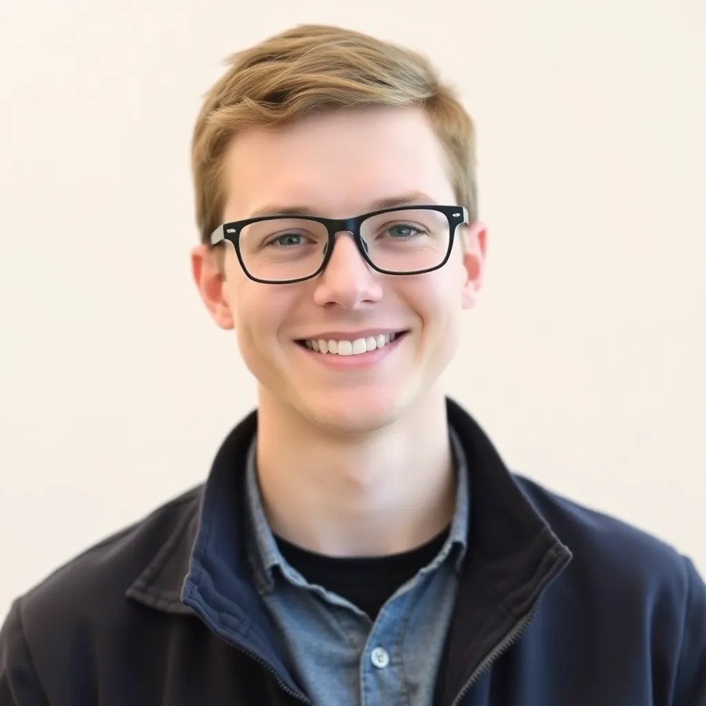 Portrait of John Doe, a young man with short brown hair and glasses, smiling