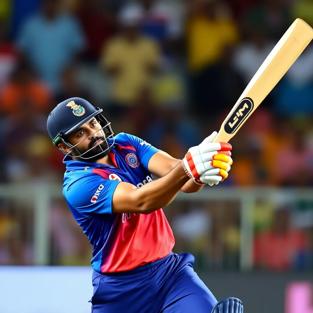 Rohit Sharma playing a powerful cricket shot during the T20 World Cup final in Barbados, wearing the Indian cricket team blue jersey