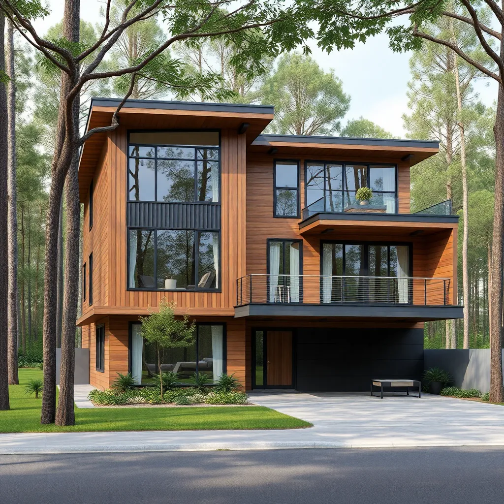Modern 3 story house with wood and glass facade in forest background, residential, Kota [RJ]