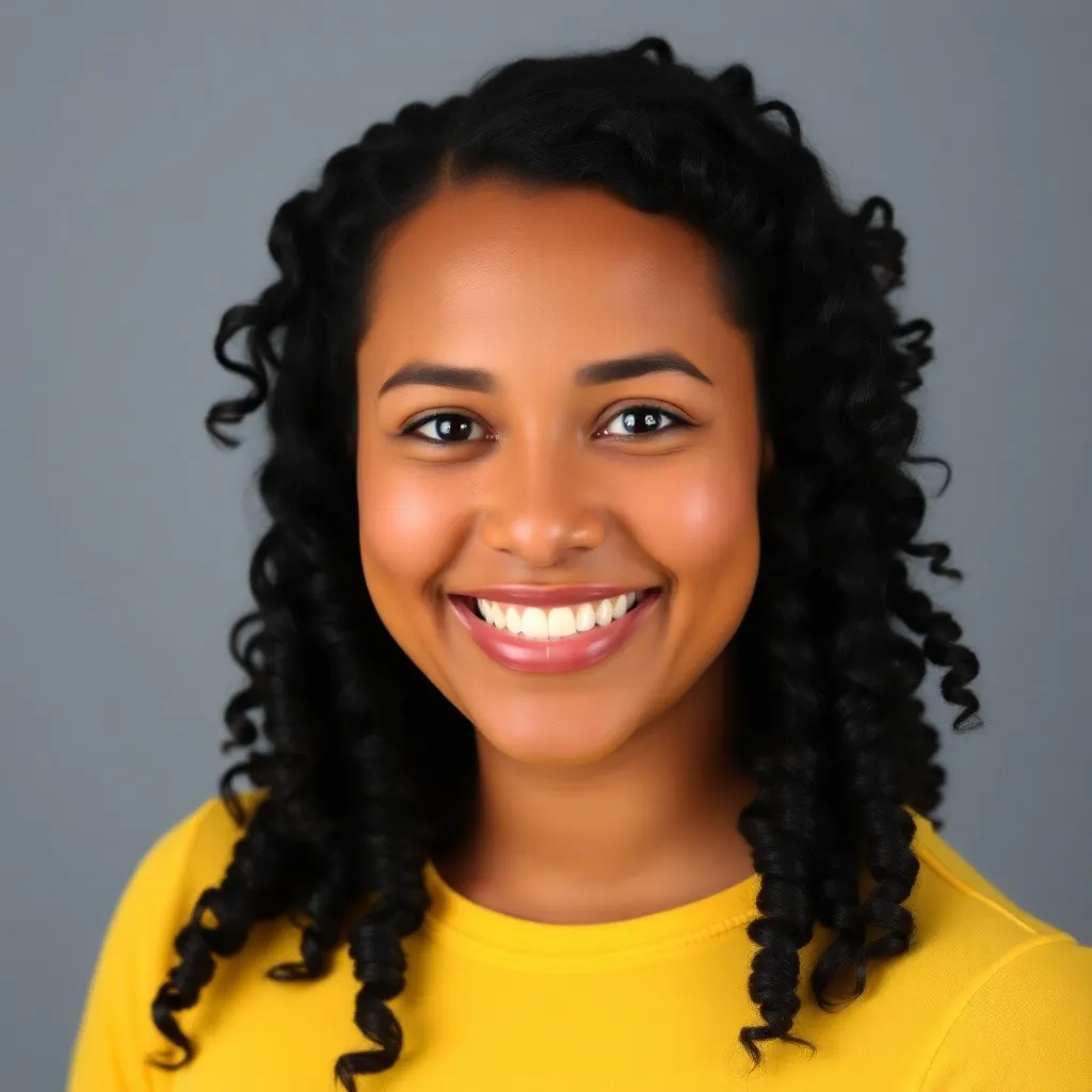 Portrait of Rachel Moore, a woman with curly black hair and a warm smile, wearing a yellow top