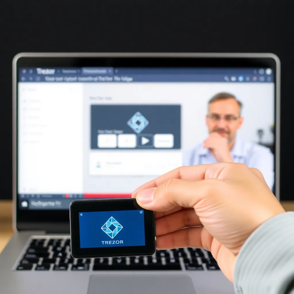 Person holding Trezor device in front of laptop showing Trezor Expert video with man explaining setup