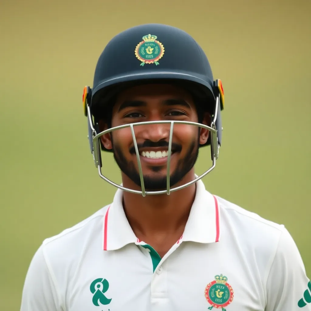 Portrait of Najmul Hossain Shanto, Bangladesh batsman, wearing cricket whites and helmet, confident smile