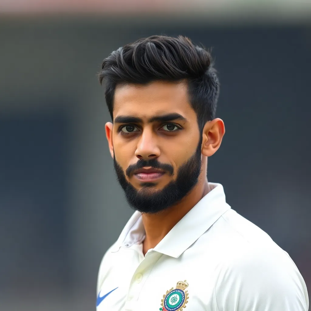 Portrait of KL Rahul, Indian cricketer in white Test cricket uniform, calm and focused expression