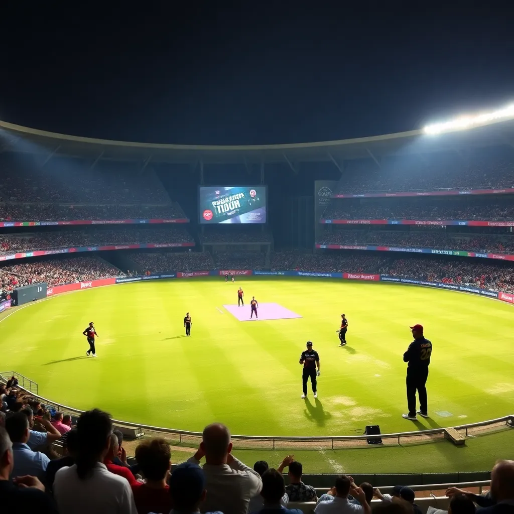 A packed cricket stadium during the IPL 2025 Final with Gujarat Titans and Delhi Capitals players on the field under bright daylight