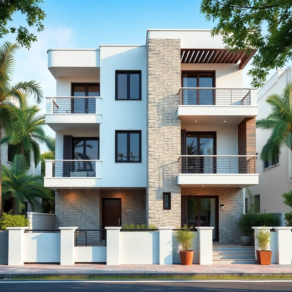 Modern 3 story house with balconies and stone facade, residential cum commercial, Ayodhya [UP]