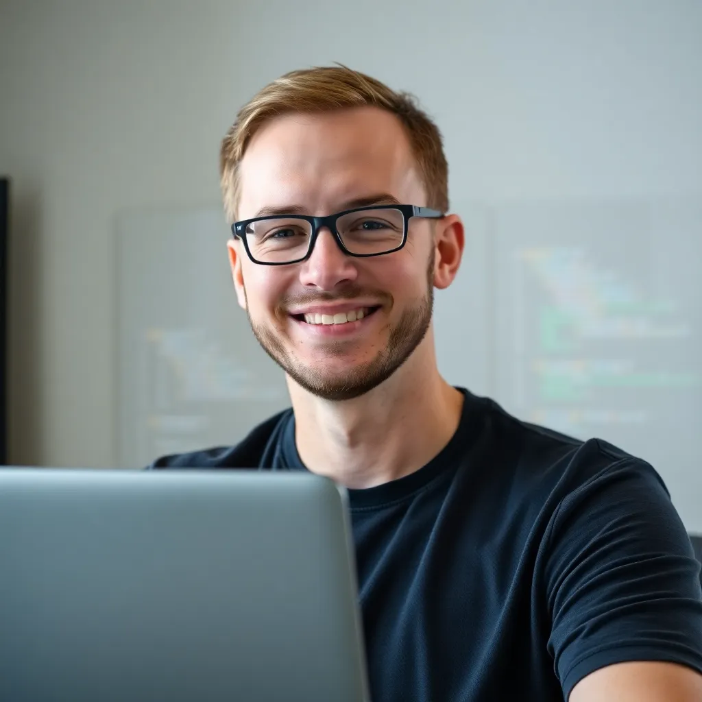 Portrait of James Brooks, a male computer science tutor, smiling with laptop and code on screen