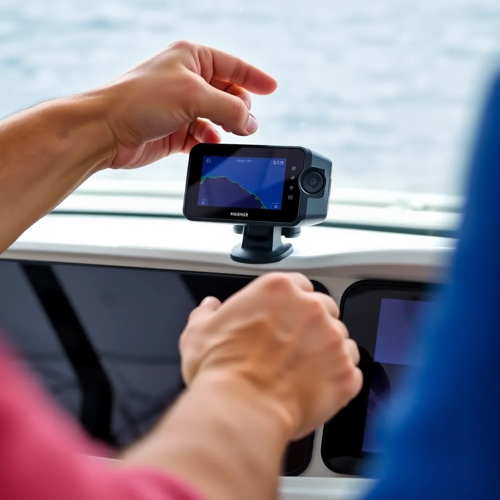 Close-up of hands installing a marine GPS device on a boat dashboard