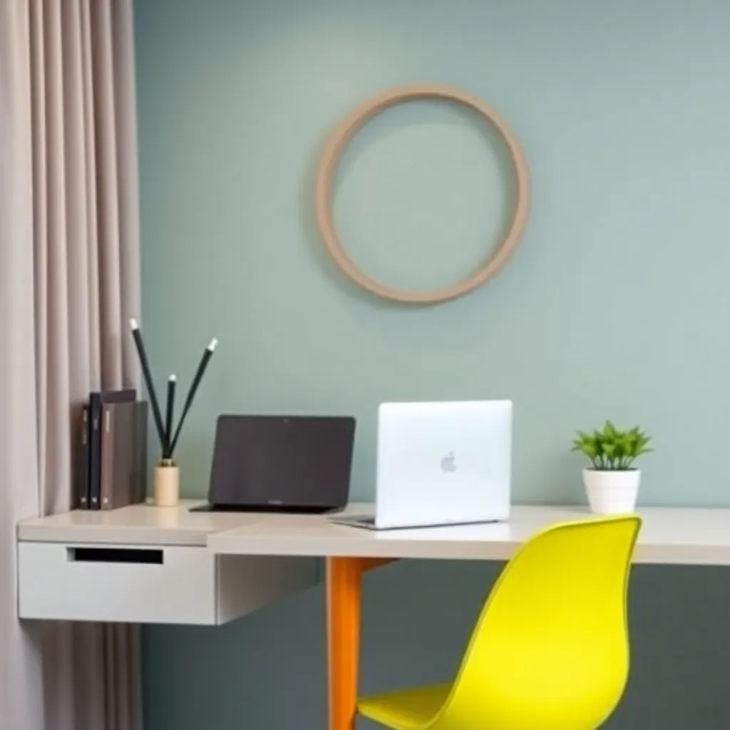 Contoh desain brosur warna-warni dengan tata letak modern di meja kerja