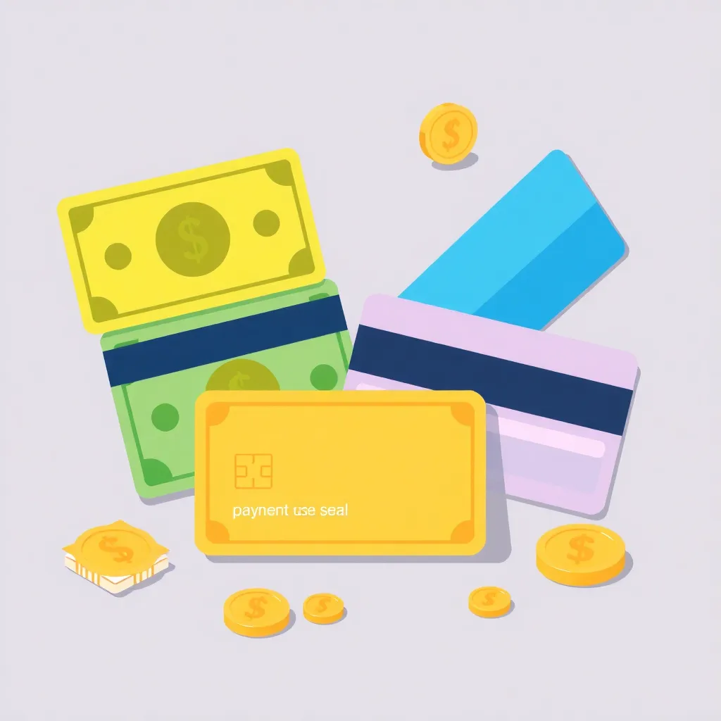 Illustration of money bills and credit cards representing payment options and discounts