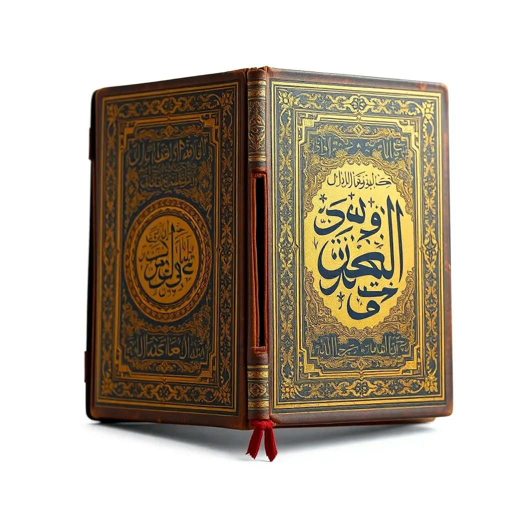 Sampul buku Islam kuno dengan kaligrafi Arab rumit dan emboss emas