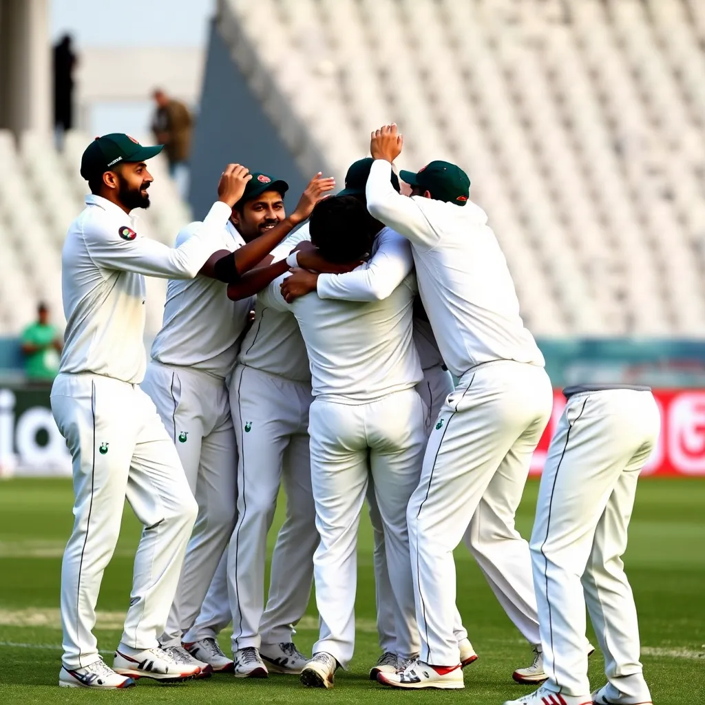 Bangladesh cricket team celebrating victory on the field, players hugging and cheering in white Test cricket uniforms