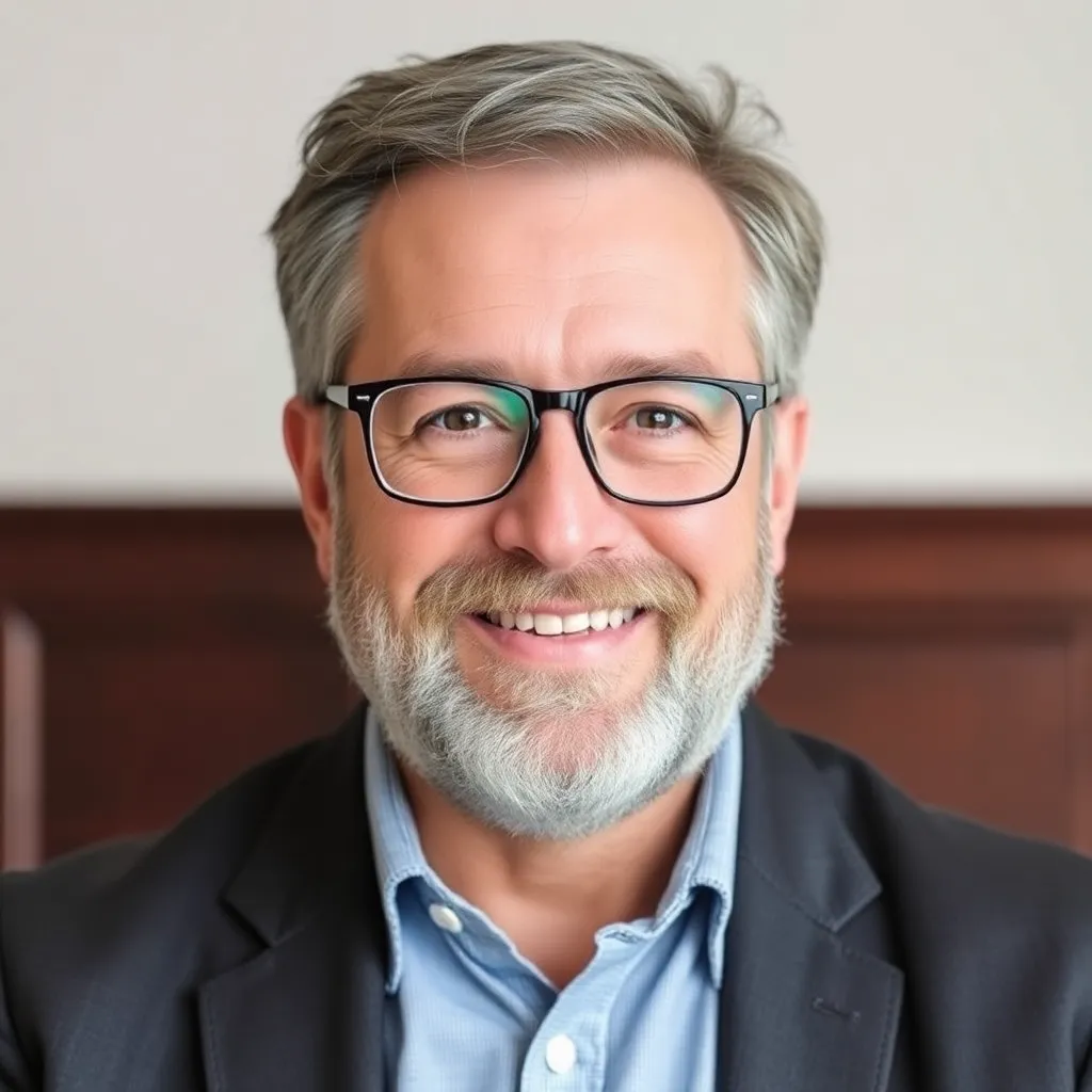 Portrait of a middle-aged man with beard and glasses smiling