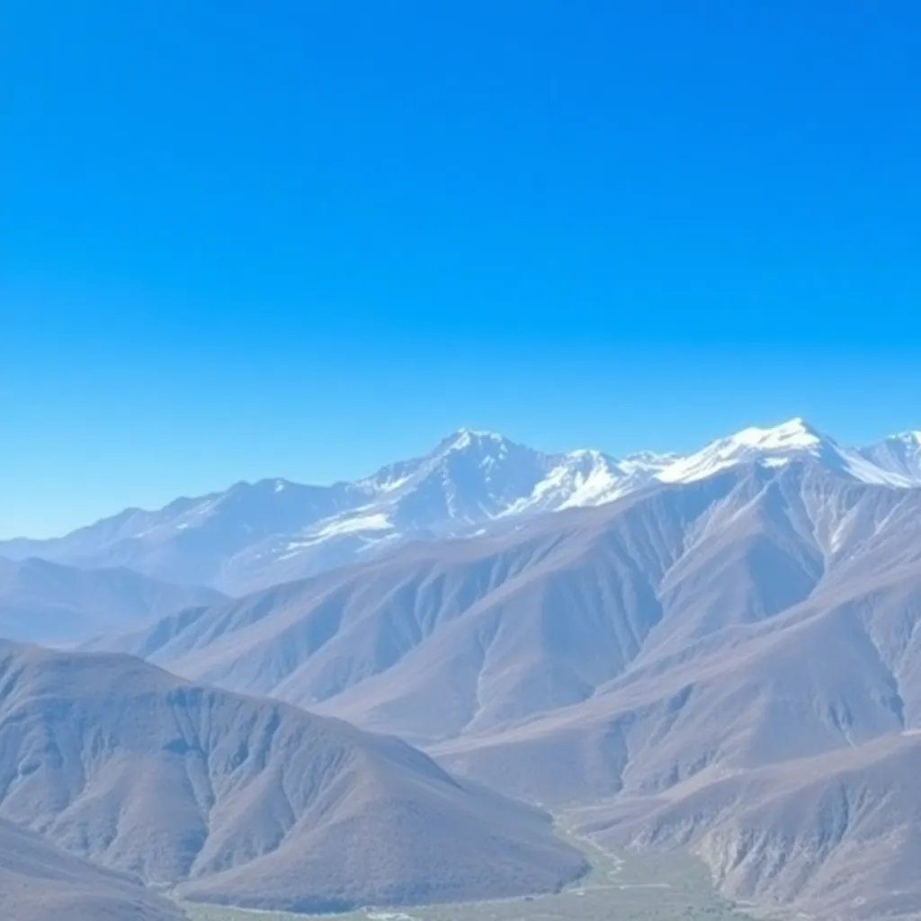 A wide mountain landscape with clear blue sky, showing peaks and valleys, suitable for a calming background