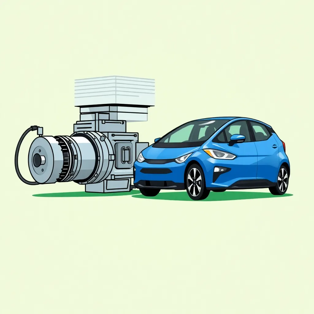 Illustration of an electric motor and a blue electric car with green background