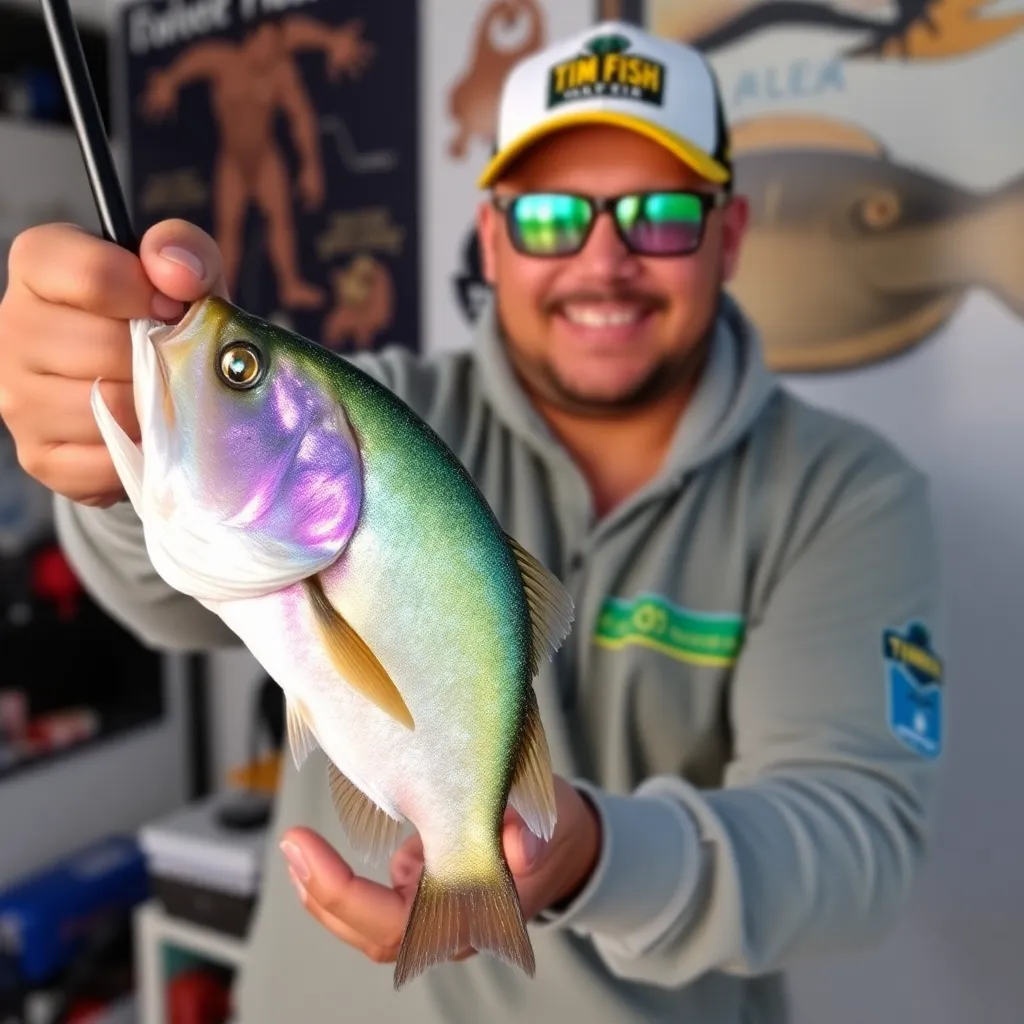 Tim Fish Saltwater Tackle sedang melayani pelanggan di toko memancing dengan rak penuh peralatan memancing air asin