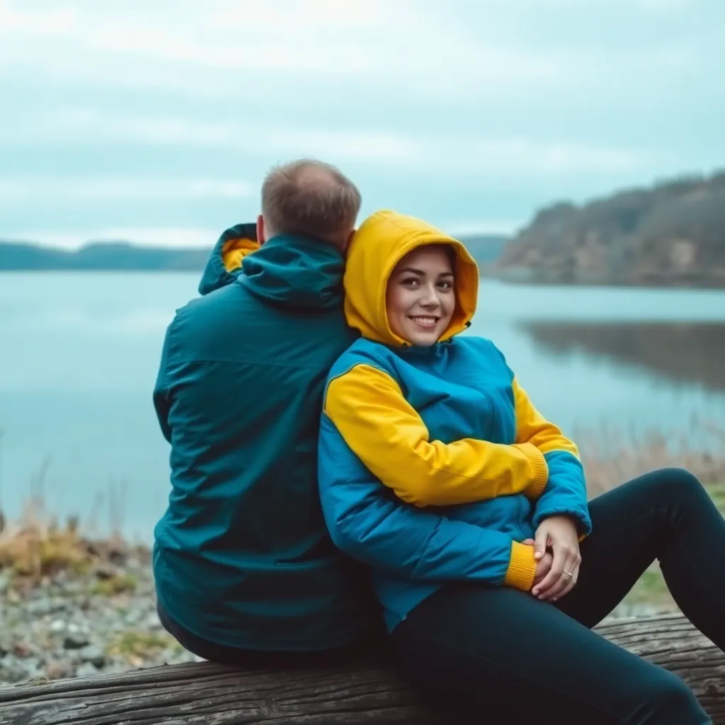 Couple sitting outdoors by a lake, woman in yellow hoodie leaning on man in blue jacket