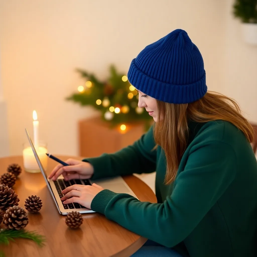 Person using a laptop with a pen and candle