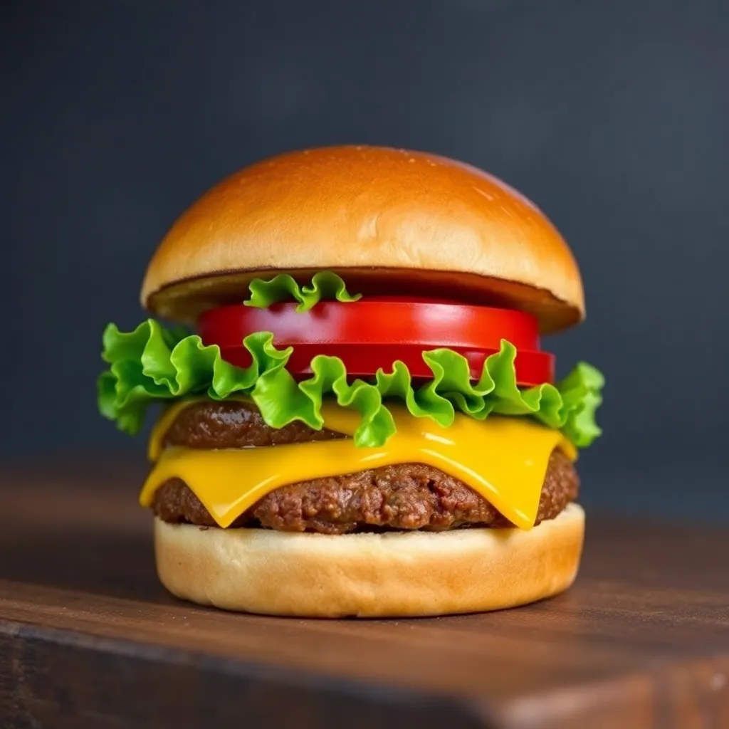 Cheese burger with lettuce, tomato, cheese, and beef patty