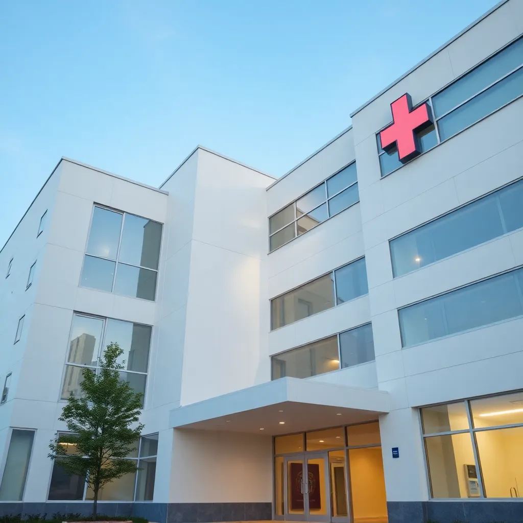 Light opacity image of a modern hospital building exterior