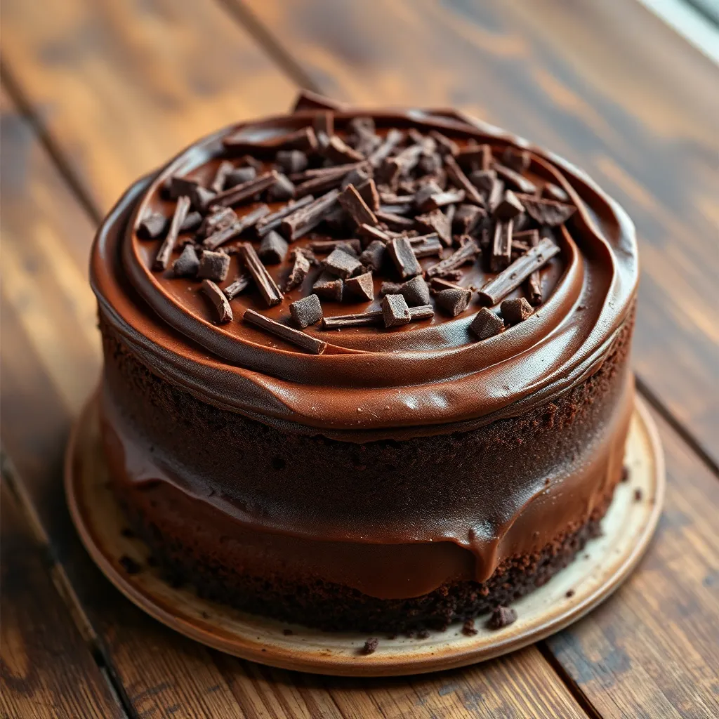Close-up image of a delicious moist chocolate cake with rich chocolate frosting and decorative chocolate shavings on top, set on a rustic wooden table with soft natural lighting
