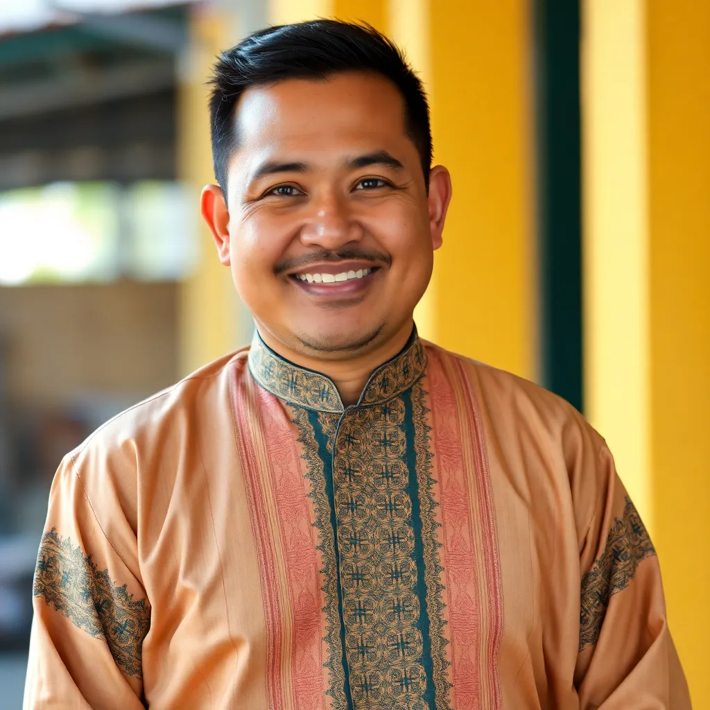Portrait of Ahmad, a Malay man smiling wearing traditional Malay clothes