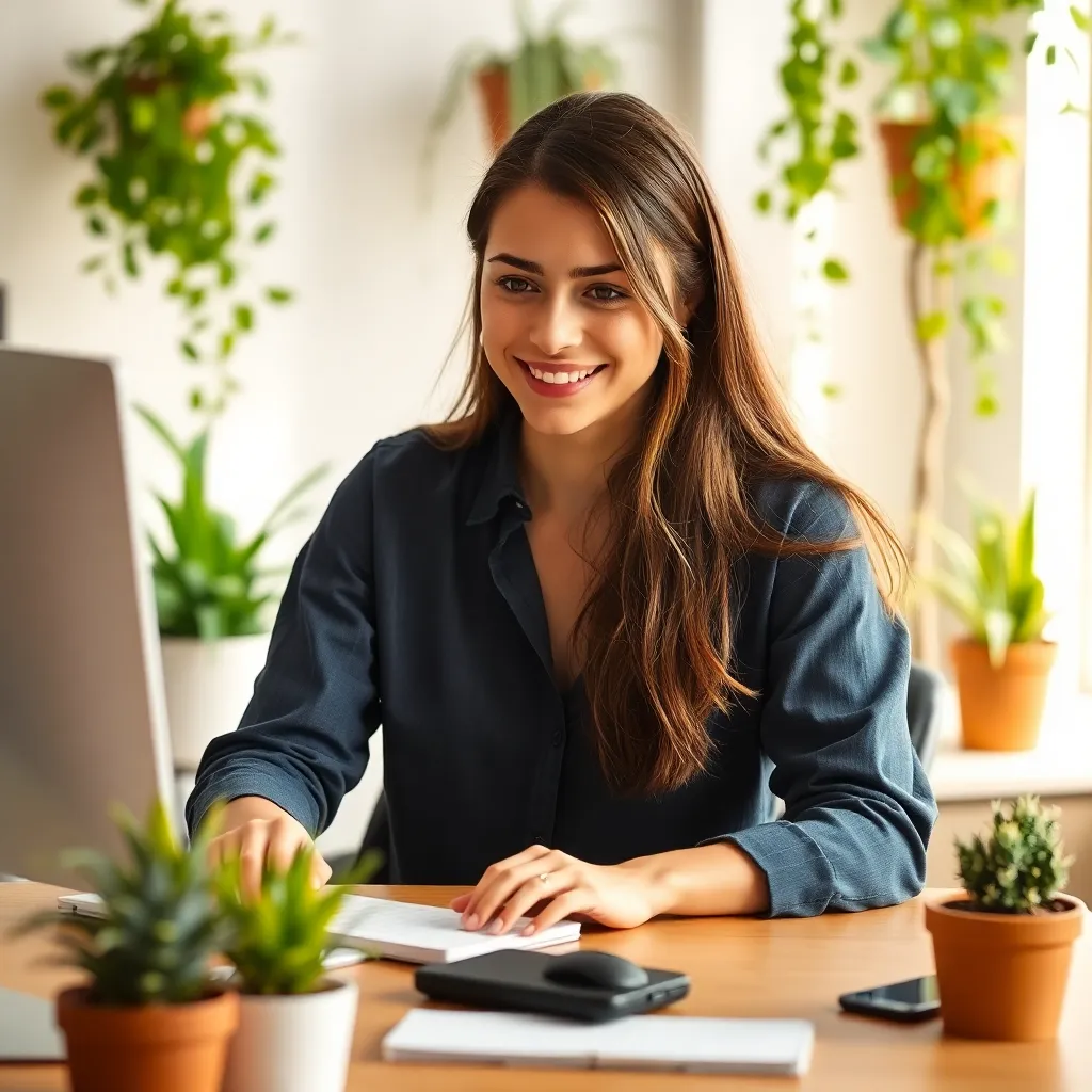 Young woman sitting at desk working on computer with plants in the background, smiling