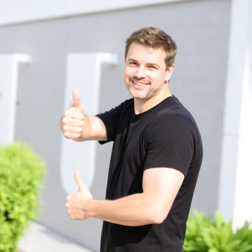 Man in black t-shirt giving thumbs up, standing outside near a wall