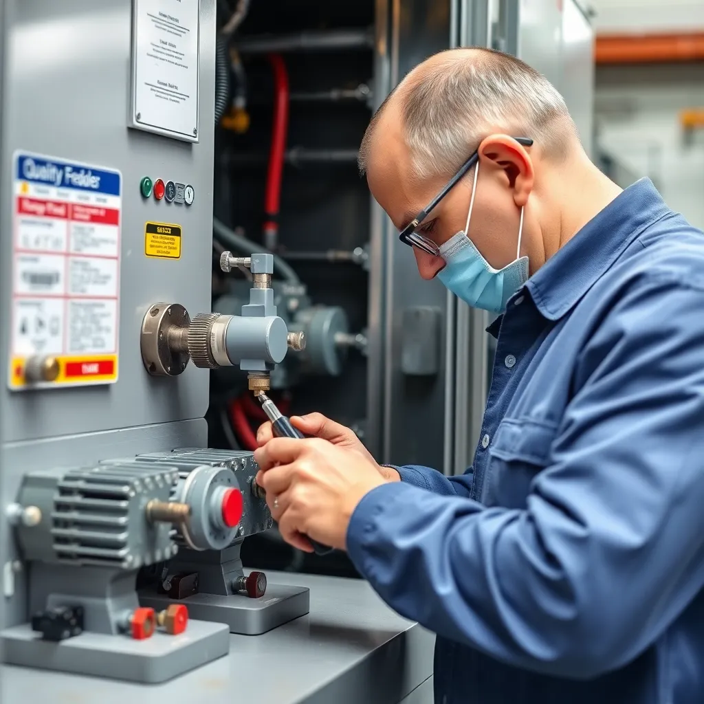 Technician inspecting electrical switchgear components with precision tools in a quality control lab