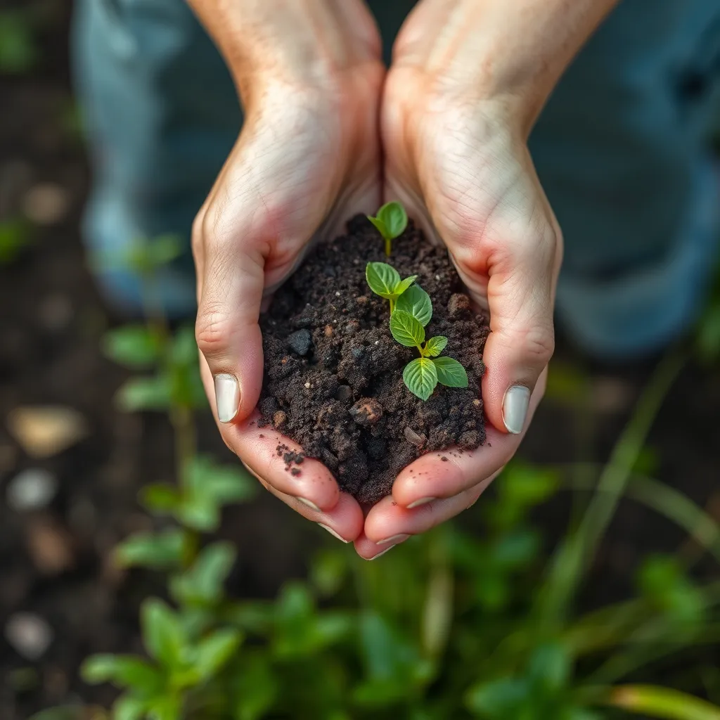Zero waste processes with hands holding soil and plants