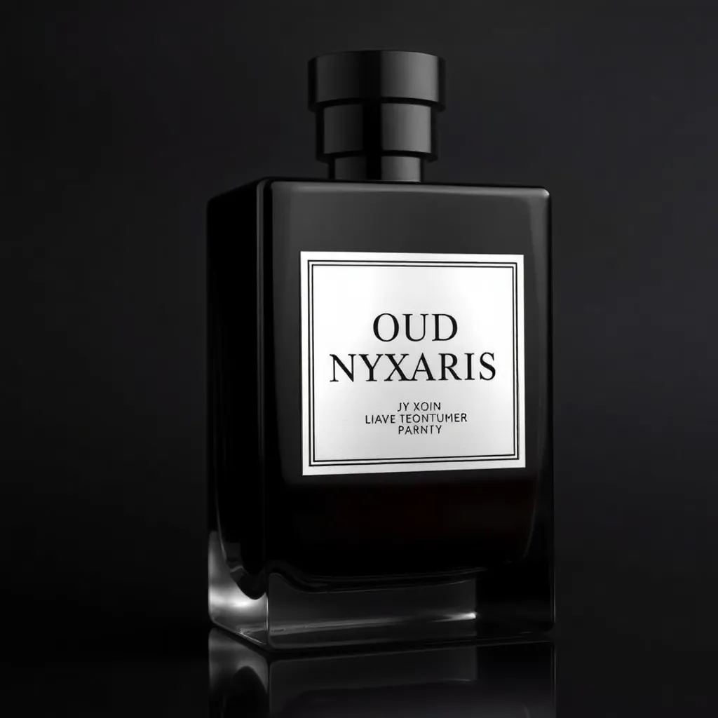 Oud Nyxaris perfume bottle with dark smoky glass and silver label, elegant and mysterious design