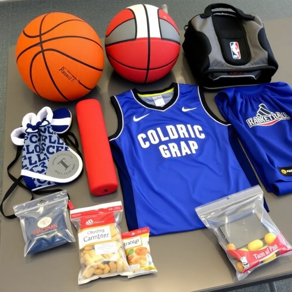 Basketball training equipment, official camp uniform, and snack kit arranged neatly on a table