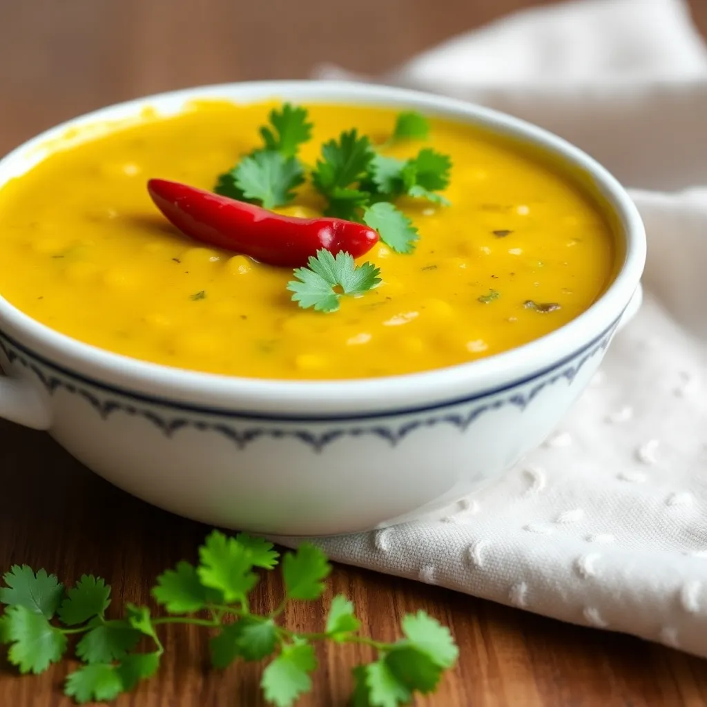 Bowl of yellow dal tadka garnished with fresh coriander and red chili