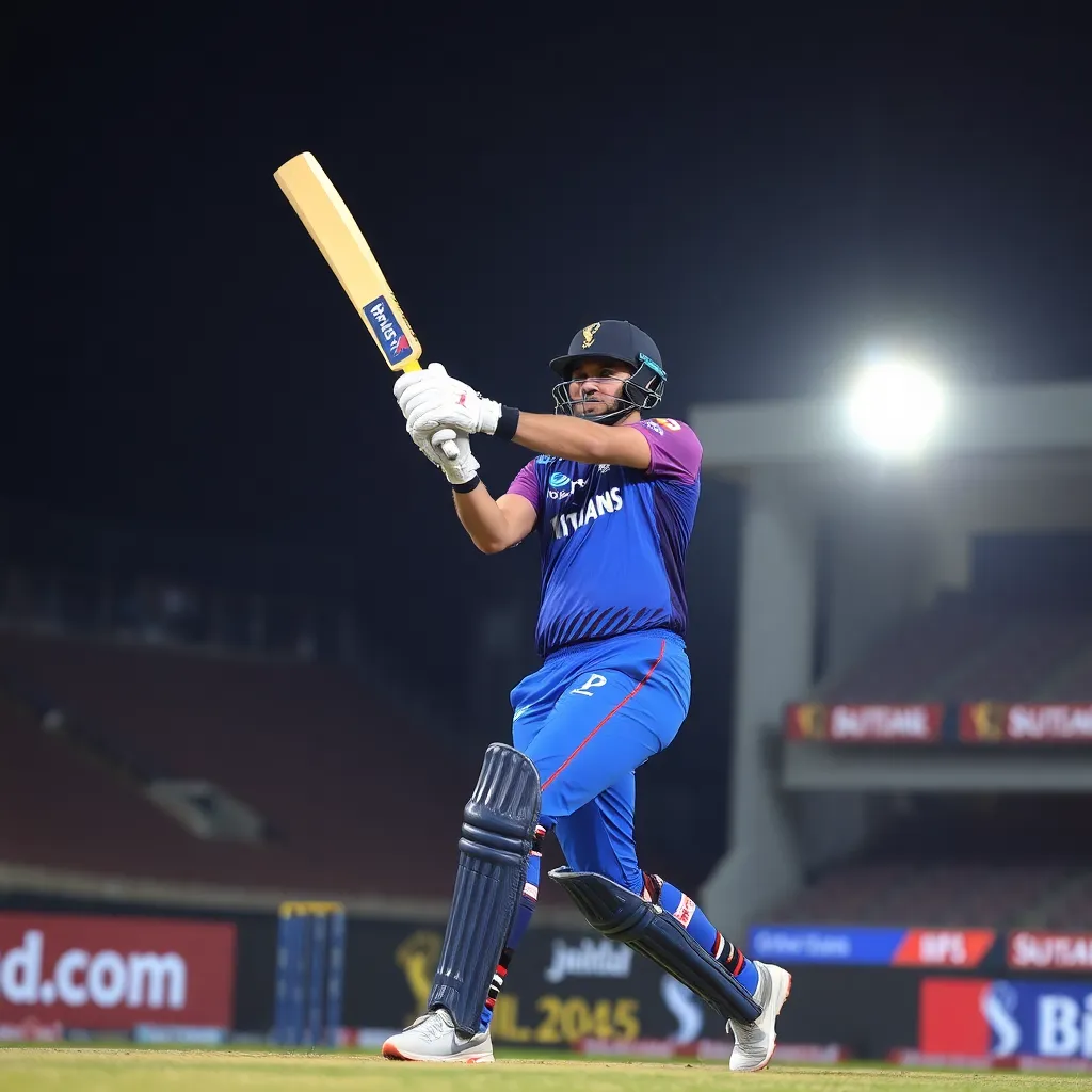 Gujarat Titans batsman playing a powerful boundary shot during IPL 2025 final under stadium lights