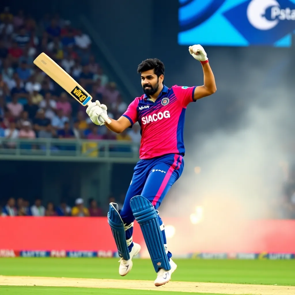 Action shot of Kunal Singh Rathore playing cricket in Rajasthan Royals jersey during IPL match, stadium filled with cheering crowd