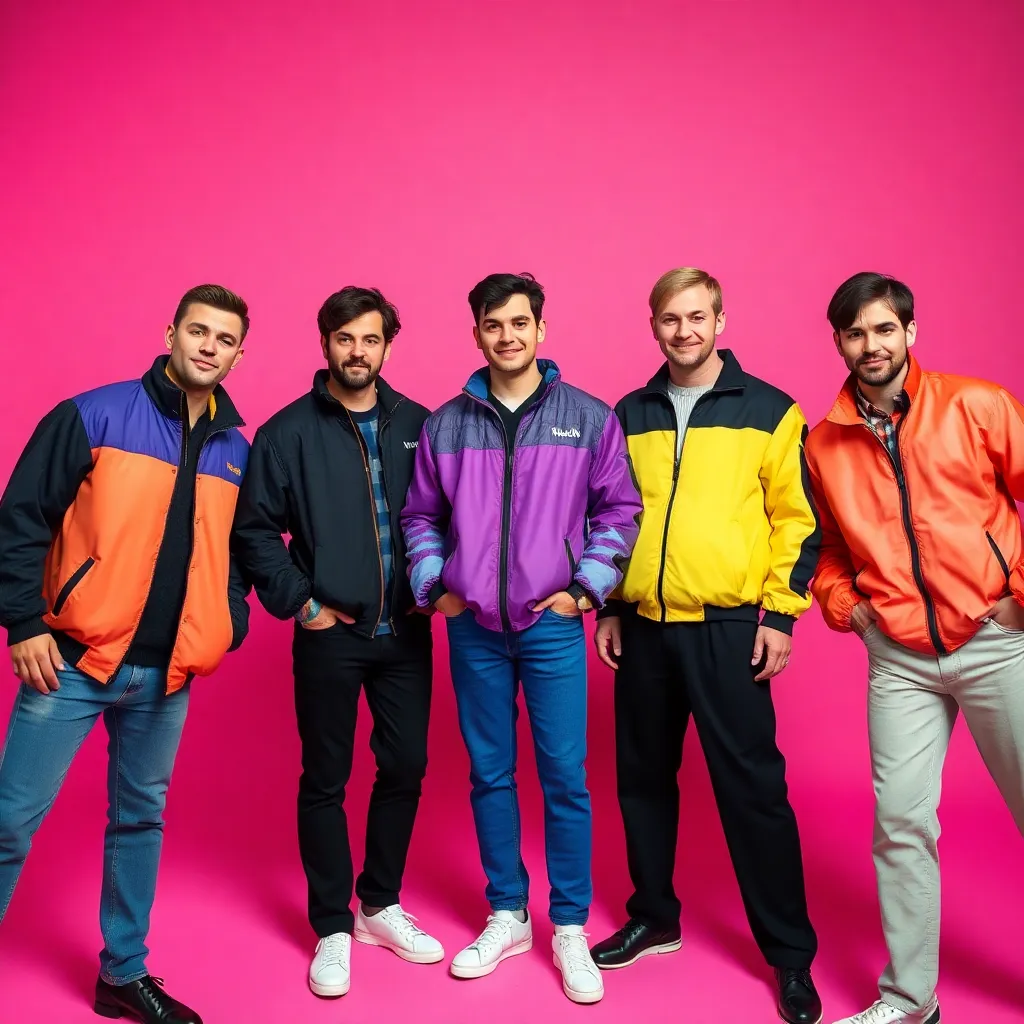 Five men in colorful and black jackets posing on a pink and purple background