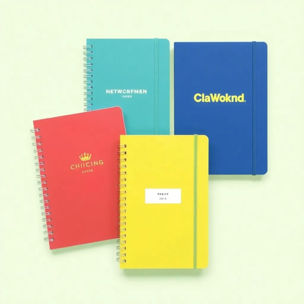 Set of three colorful branded notebooks with different company logos