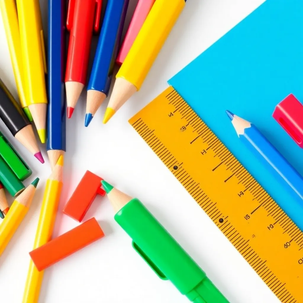 A colorful stationery set with pens, pencils, erasers, and a ruler