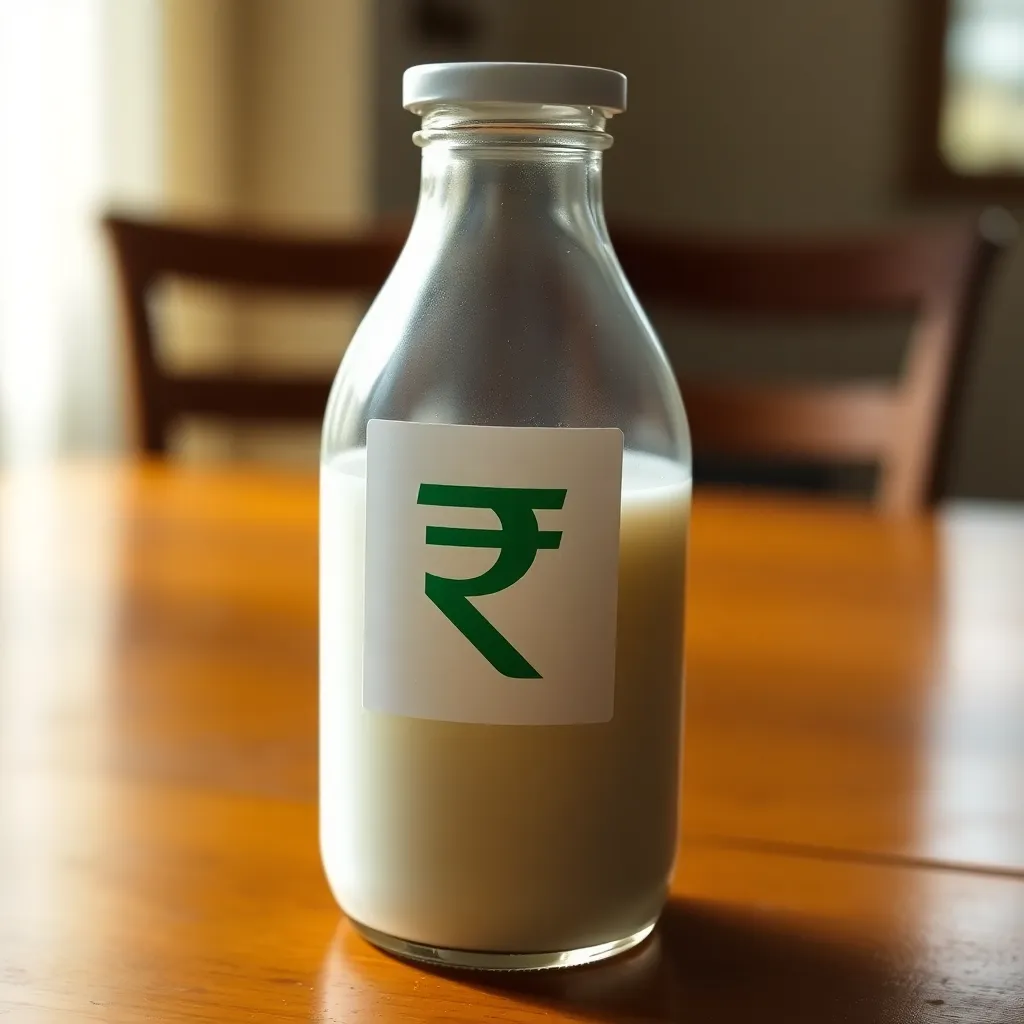 A transparent glass milk bottle with a label showing the Indian Rupee symbol in green, placed on a wooden table with soft natural light