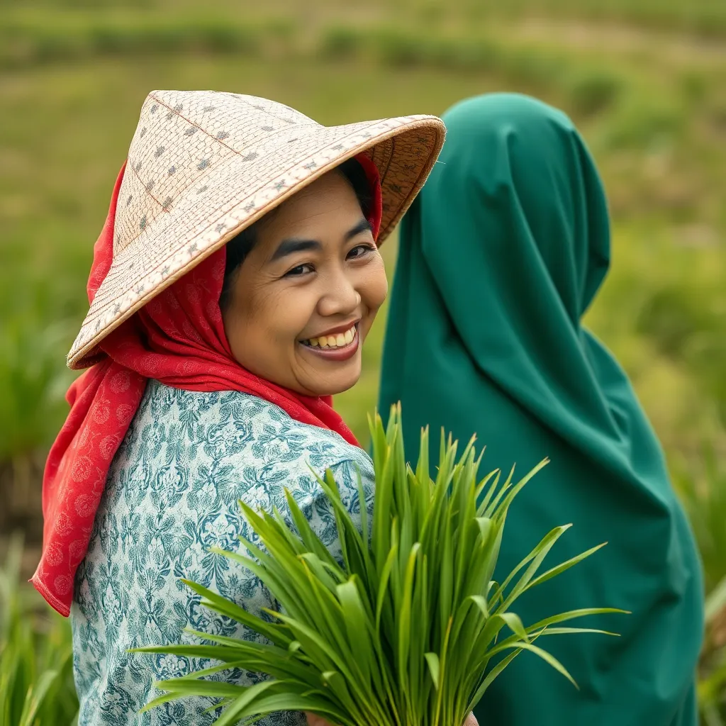 Foto close-up petani wanita tersenyum dengan latar belakang ladang padi