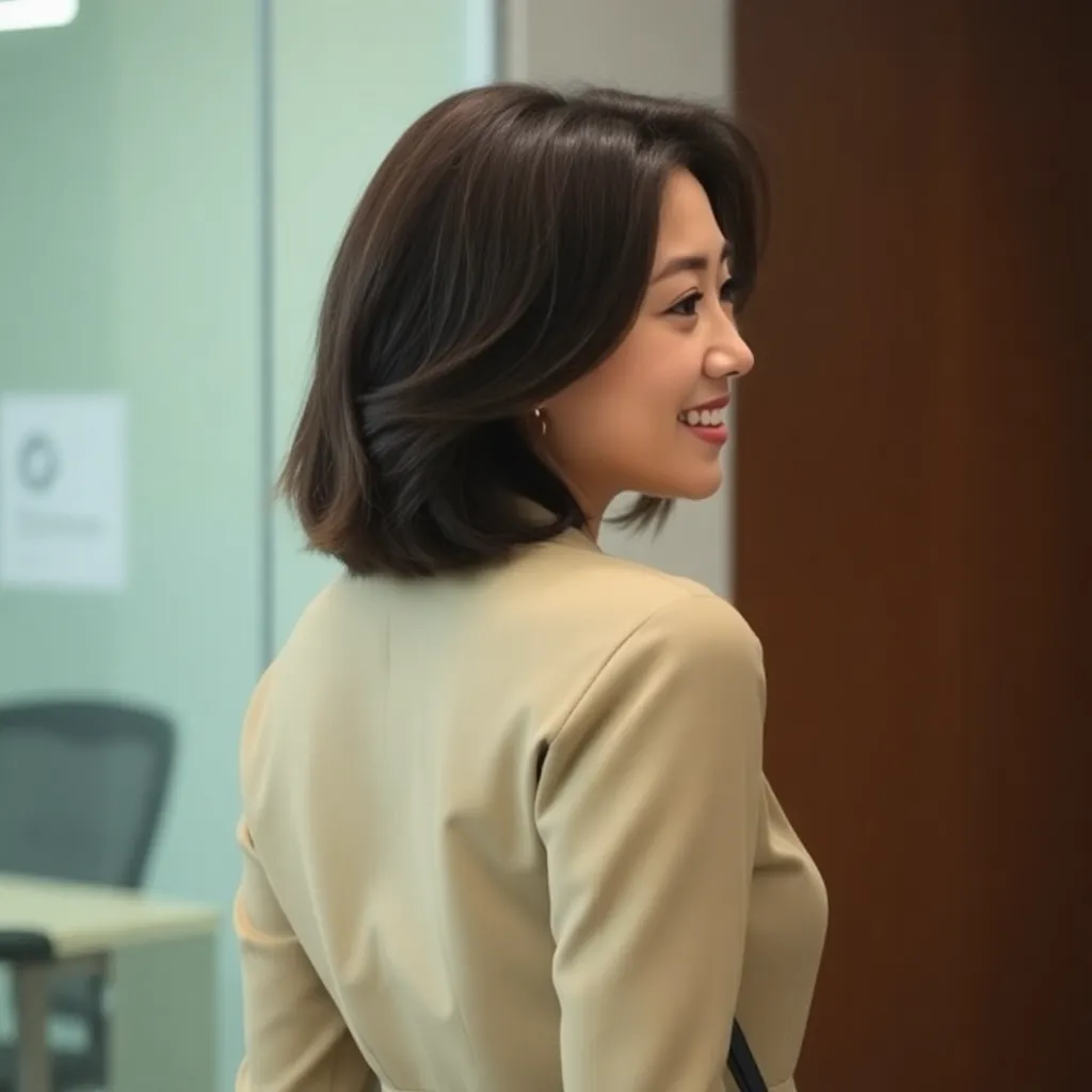 Foto profil seorang wanita muda dengan rambut panjang tersenyum di latar belakang kantor