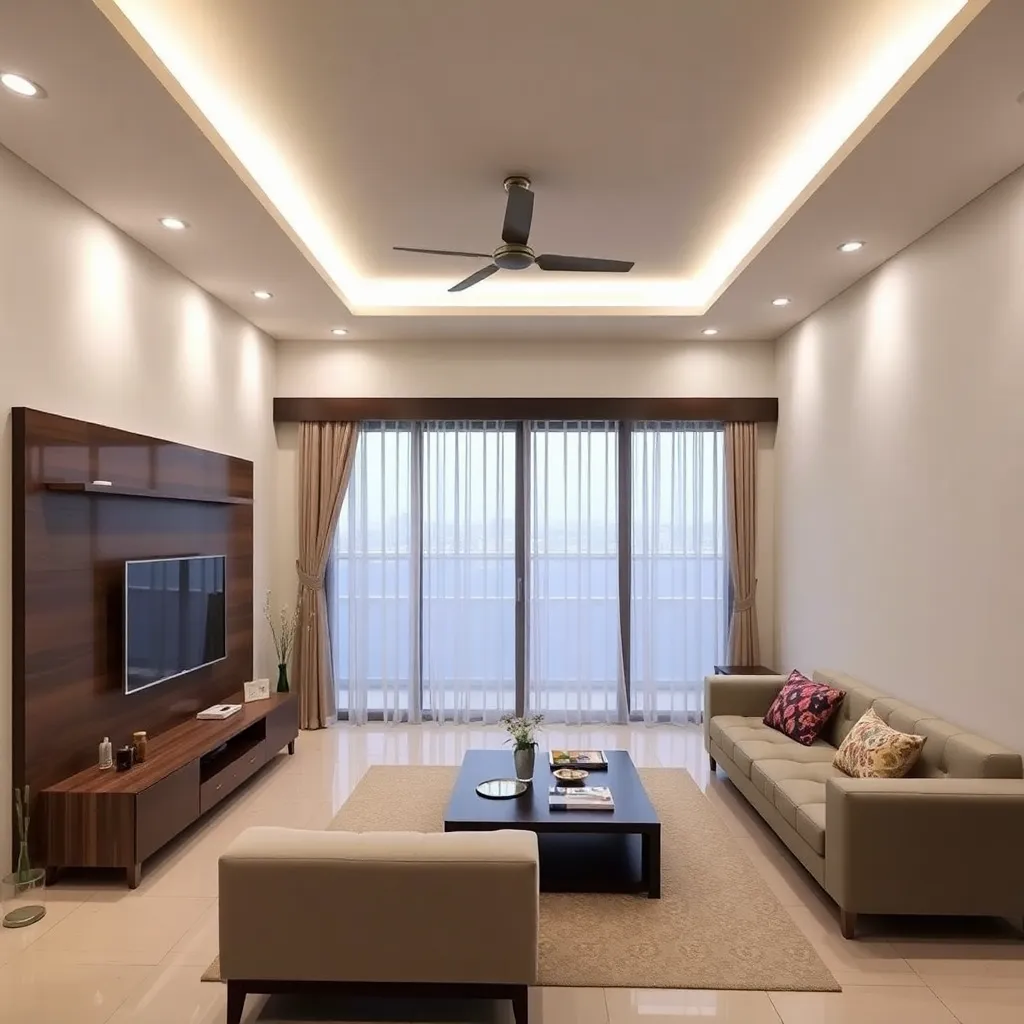 Image showing 2 BHK Interior designs with a modern living room and ceiling lights