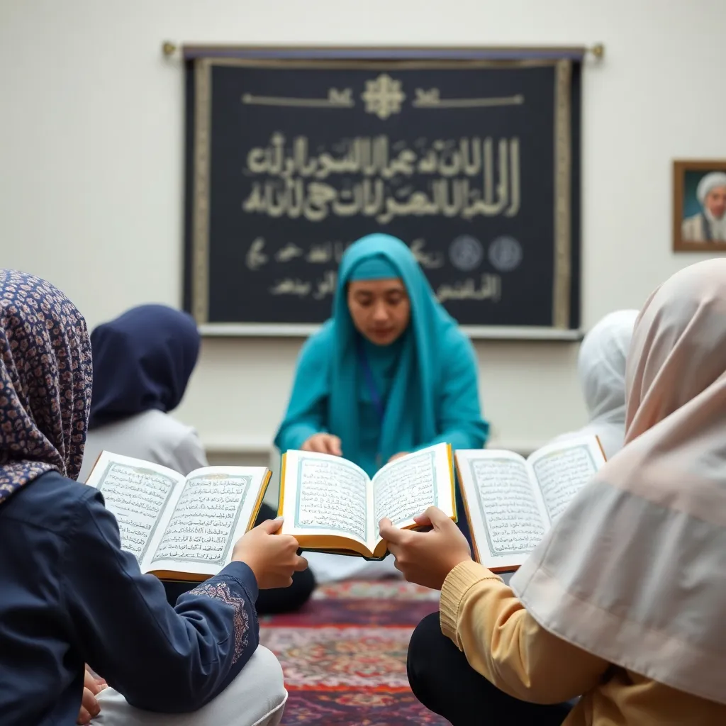 Kelas pendidikan Islam dengan siswa membaca Quran dan guru membimbing