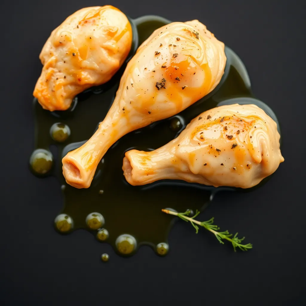 Chicken drumsticks with olive oil and herbs on black background