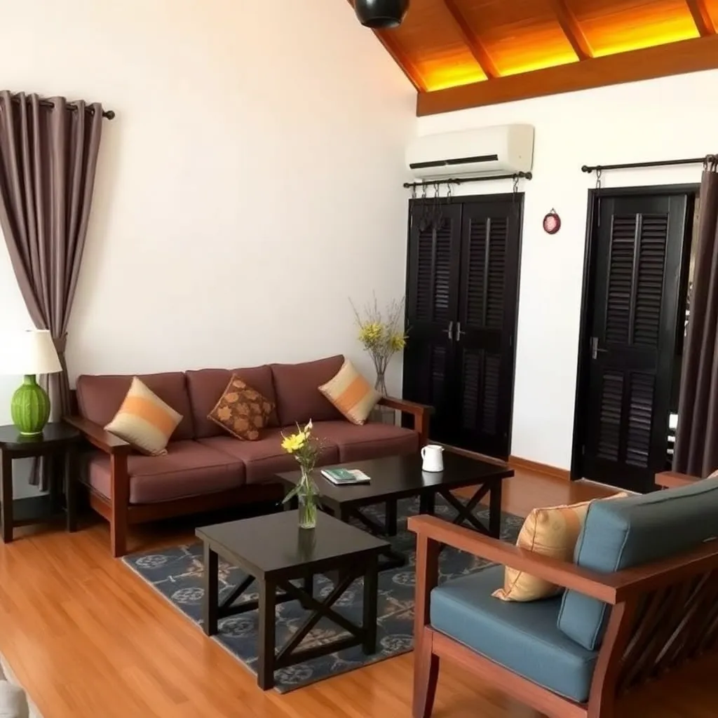 Ruang Tamu Selesa Homestay Tok Bidin Langkawi dengan sofa empuk, meja kopi dan dekorasi minimalis