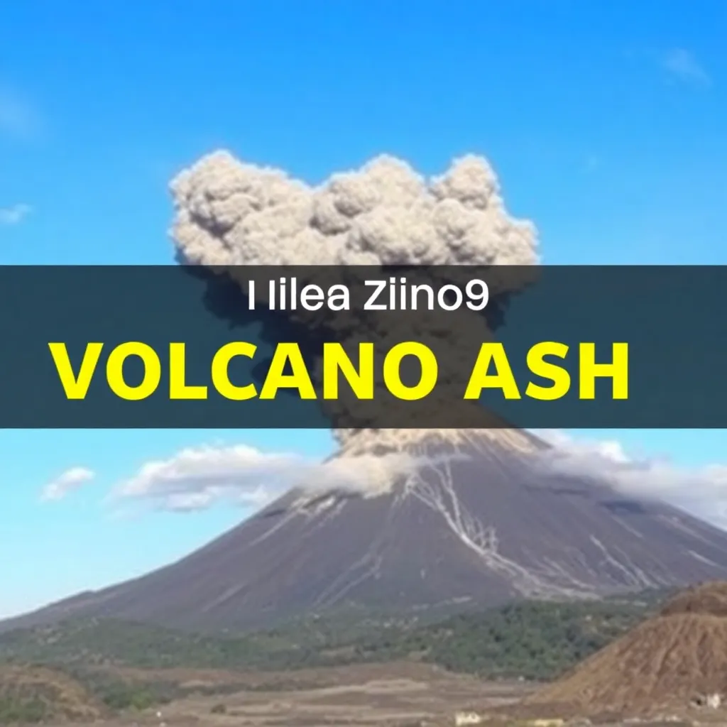 Volcanic ash plume rising from Mount Sinabung volcano with text overlay 'Amazing Volcanic Ash Mount Sinabung in Construction'