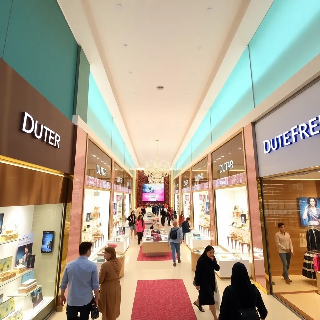 Interior of Dubai Duty Free store showing luxury products and shoppers browsing in a bright modern environment