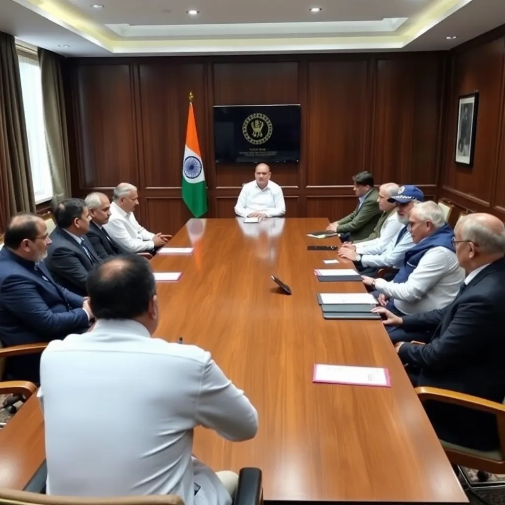 A formal meeting room with BCCI officials and government representatives discussing security advisories for IPL 2025 amid border tensions
