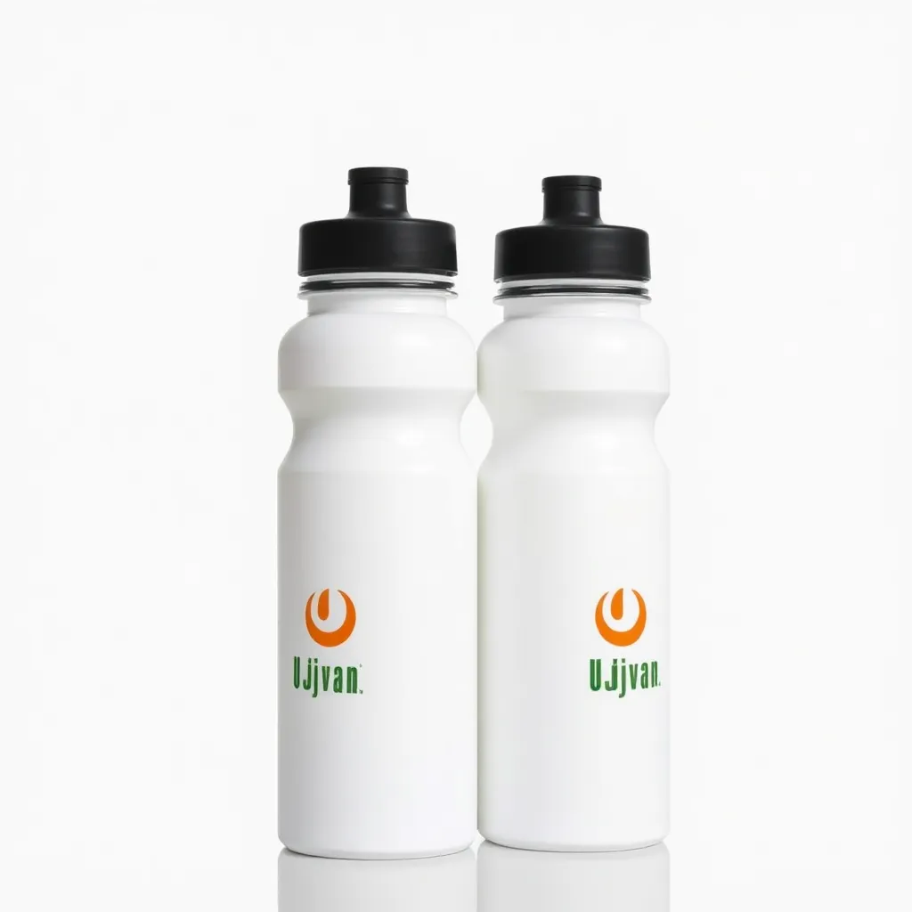 Two white water bottles with black caps and Ujjivan logo in orange and green
