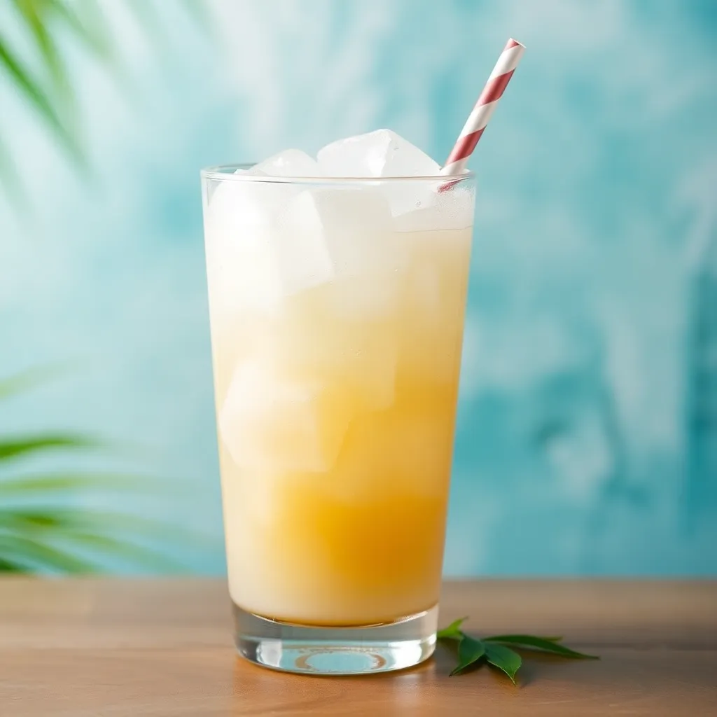 Glass of young coconut ice drink with ice cubes and straw